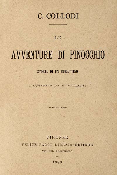 Copertina della prima edizione di Le avventure di Pinocchio, Paggi 1883