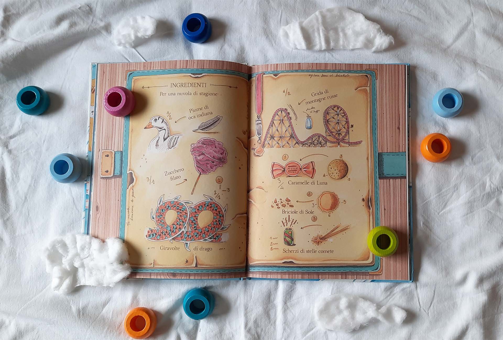 Il quaderno della ricetta segreta con gli ingredienti illustrati: piume di oca indiana, zucchero filato, giravolte di drago, grida di montagne russe, caramelle di Luna, briciole di Sole e scherzi di stelle comete
