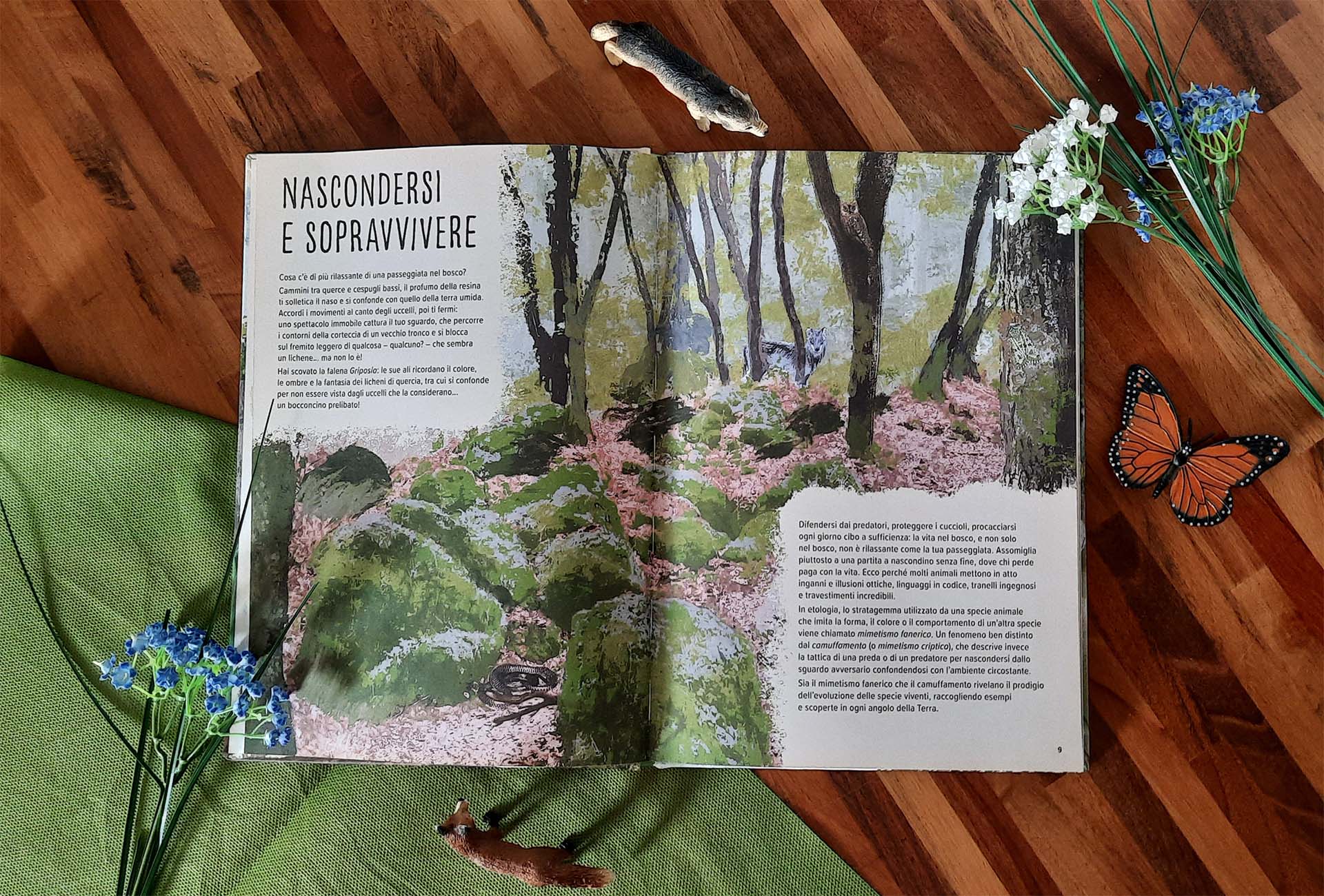 Doppia pagina di apertura del libro, «Nascondersi e sopravvivere»: un sottobosco di tronchi, sassi coperti di muschio e fioriture rosa, dipinto con contrasti attenuati, in cui si intravedono alcuni animali