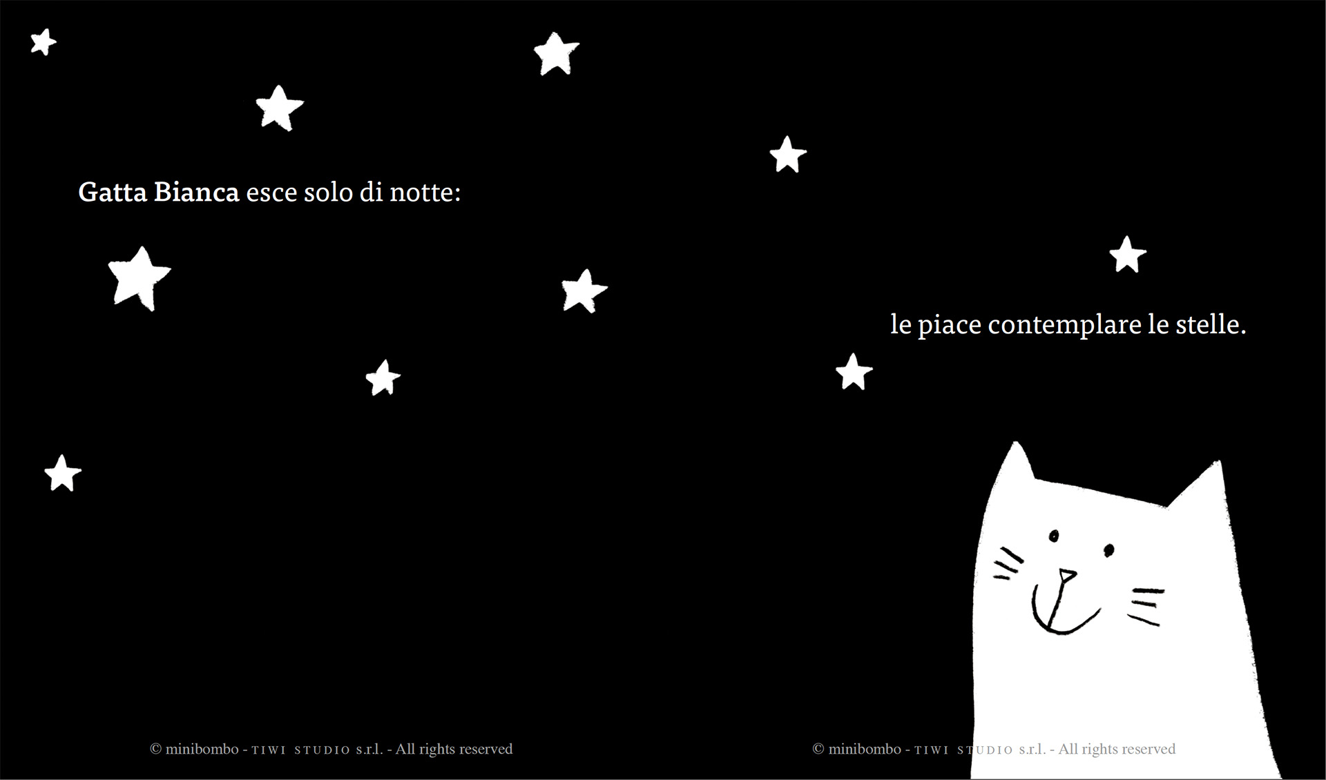 Gatta Bianca, sagoma bianca su pagina nera, guarda un cielo pieno di stelle