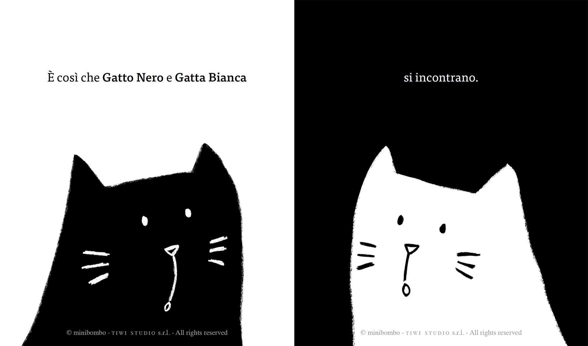 Doppia pagina divisa a meta: a sinistra il gatto nero su fondo bianco, a destra la gatta bianca su fondo nero