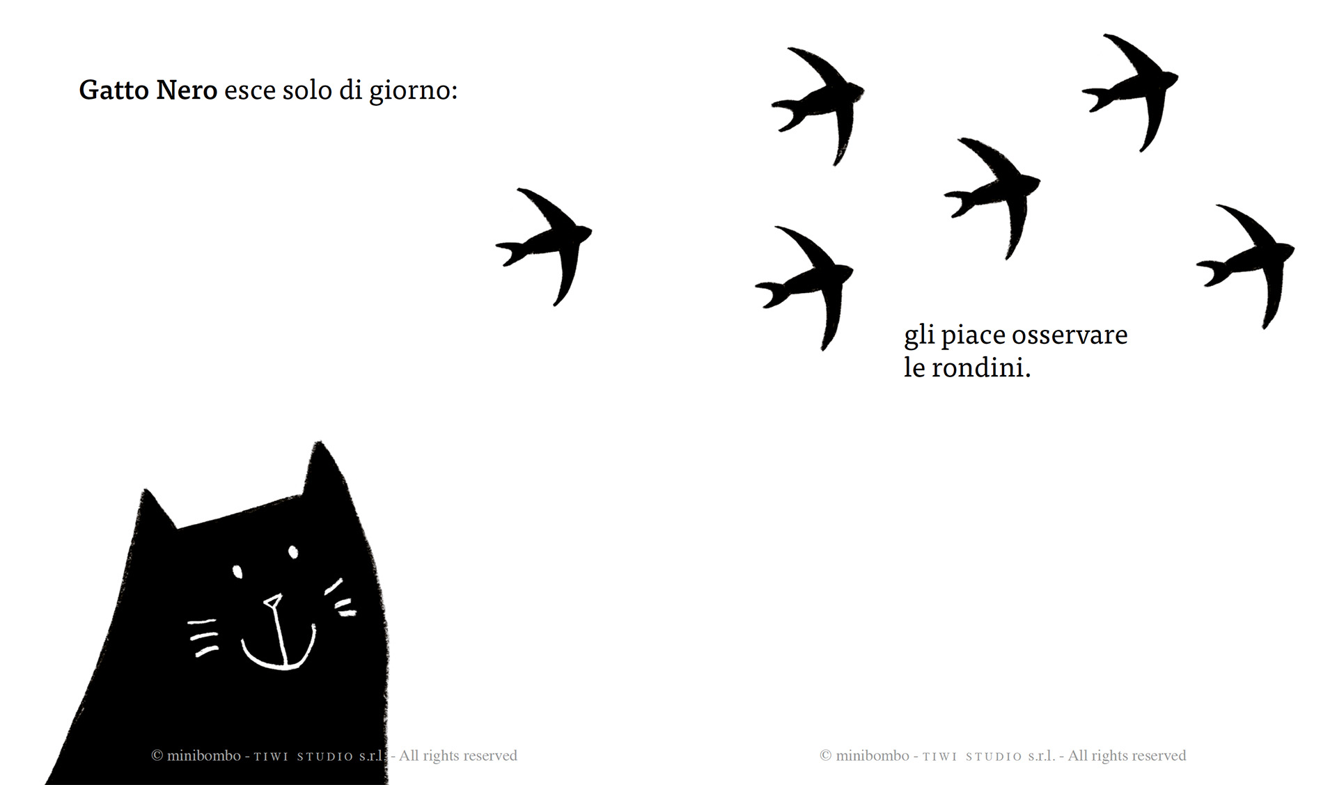 Gatto Nero, sagoma nera su pagina bianca, guarda in alto sei rondini in volo