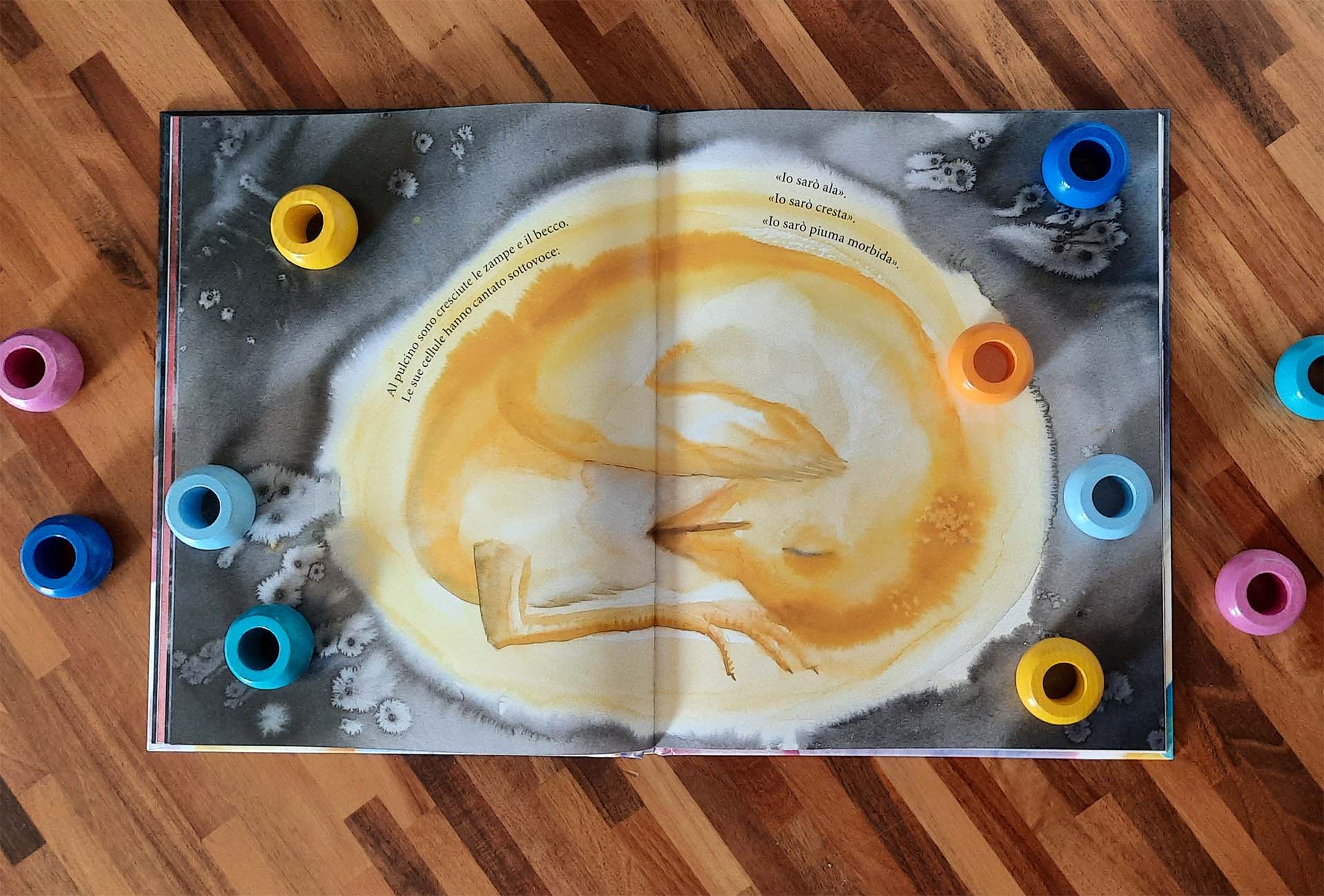 Doppia pagina con il pulcino raggomitolato dentro l'uovo, dipinto ad acquerello sui toni del giallo