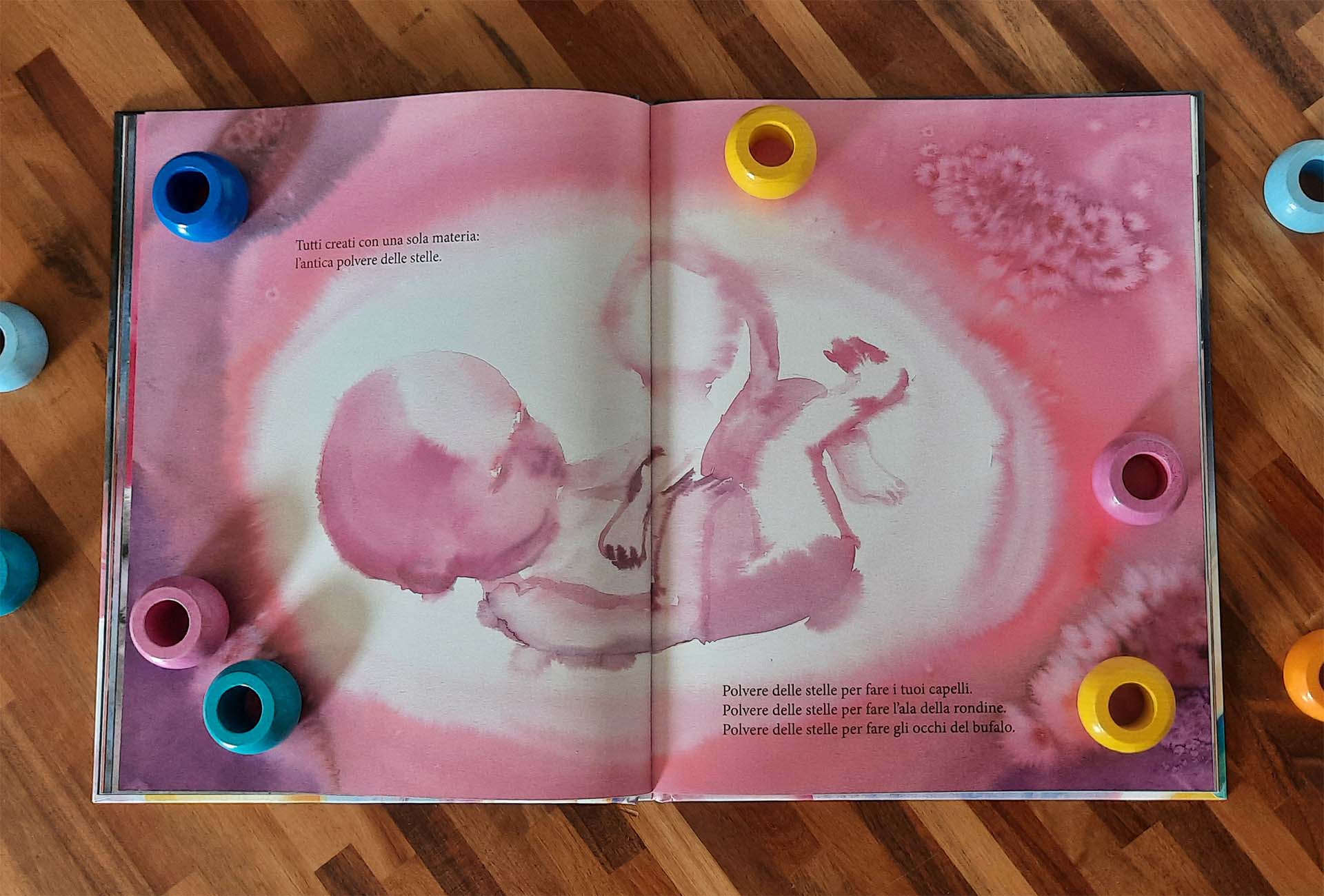 La doppia pagina dell'antica polvere delle stelle, con gli embrioni sui toni del rosa