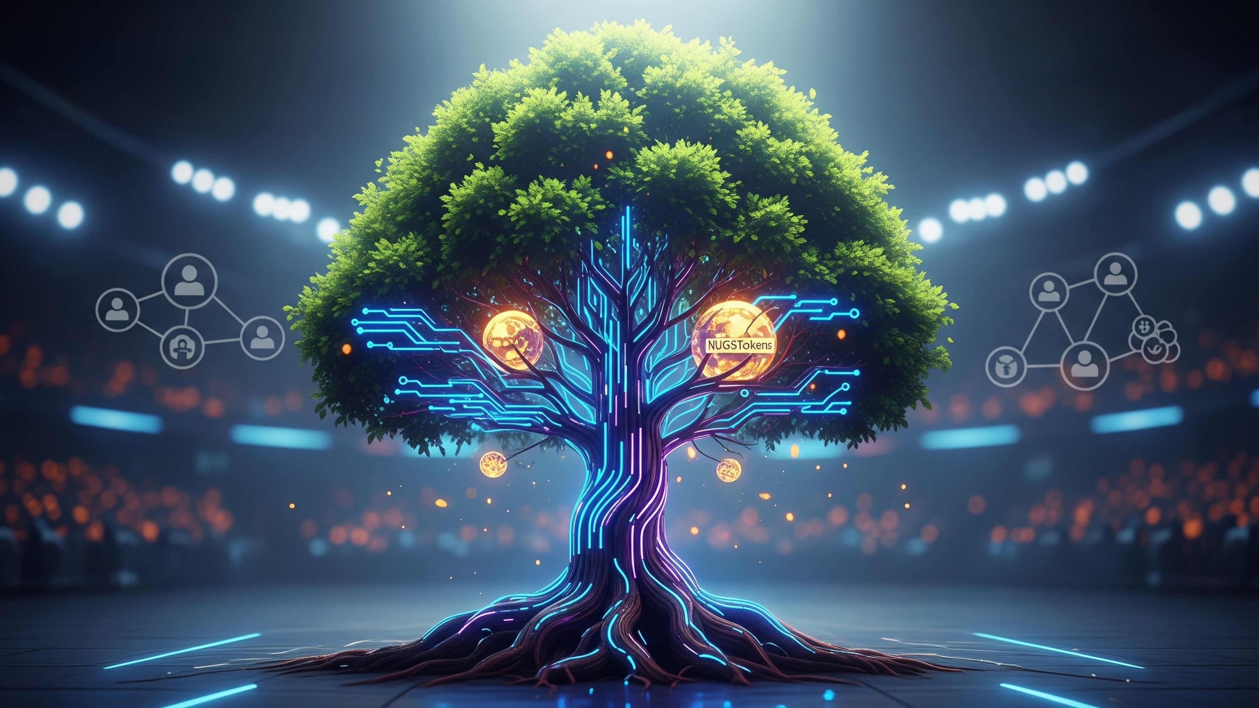 A futuristic digital landscape representing the NUGS ecosystem.