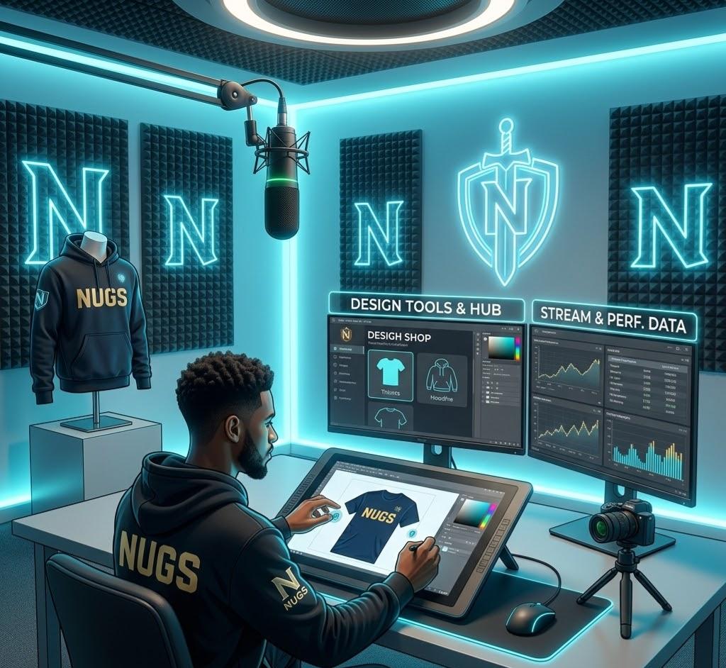 A creator interacting with a holographic interface, managing their brand and community to build their digital empire.