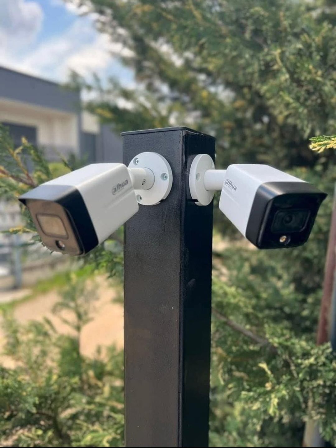 Two Dahua bullet CCTV cameras mounted back to back on a black steel pole outside a home