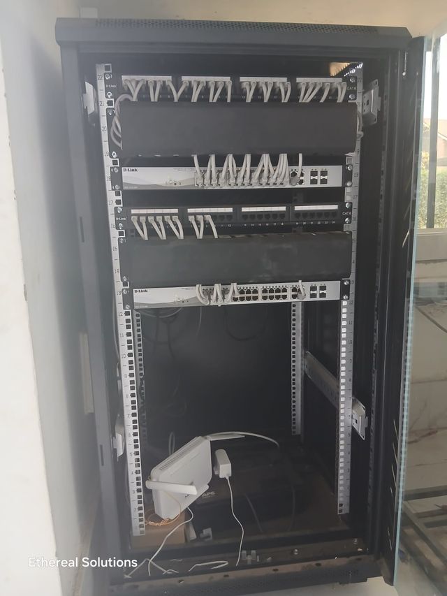 D-Link network switches and labelled CAT6 patch panels inside a 22U wall rack