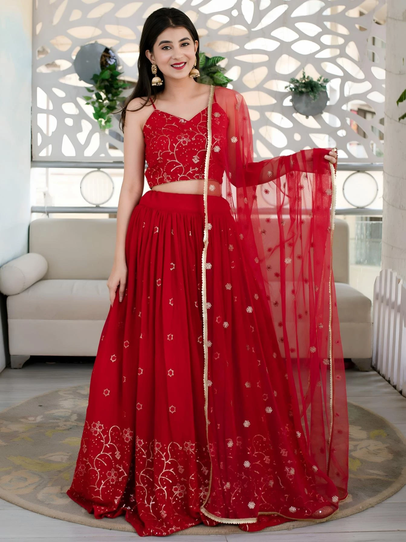 15063 by zeel clothing red colour single georgette semi stitch lehengas unstitch choli