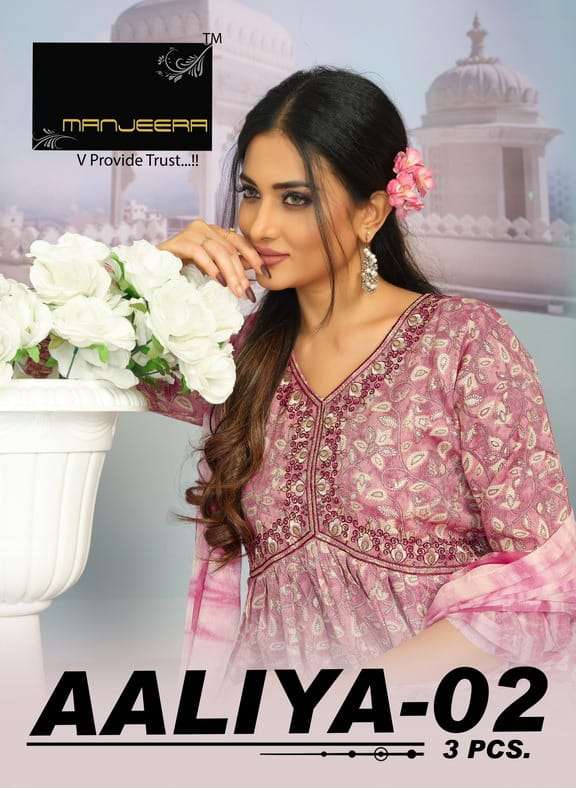 aaliya vol 2 by manjeera fancy work alia cut kurti with pant and shibori dupatta catalog