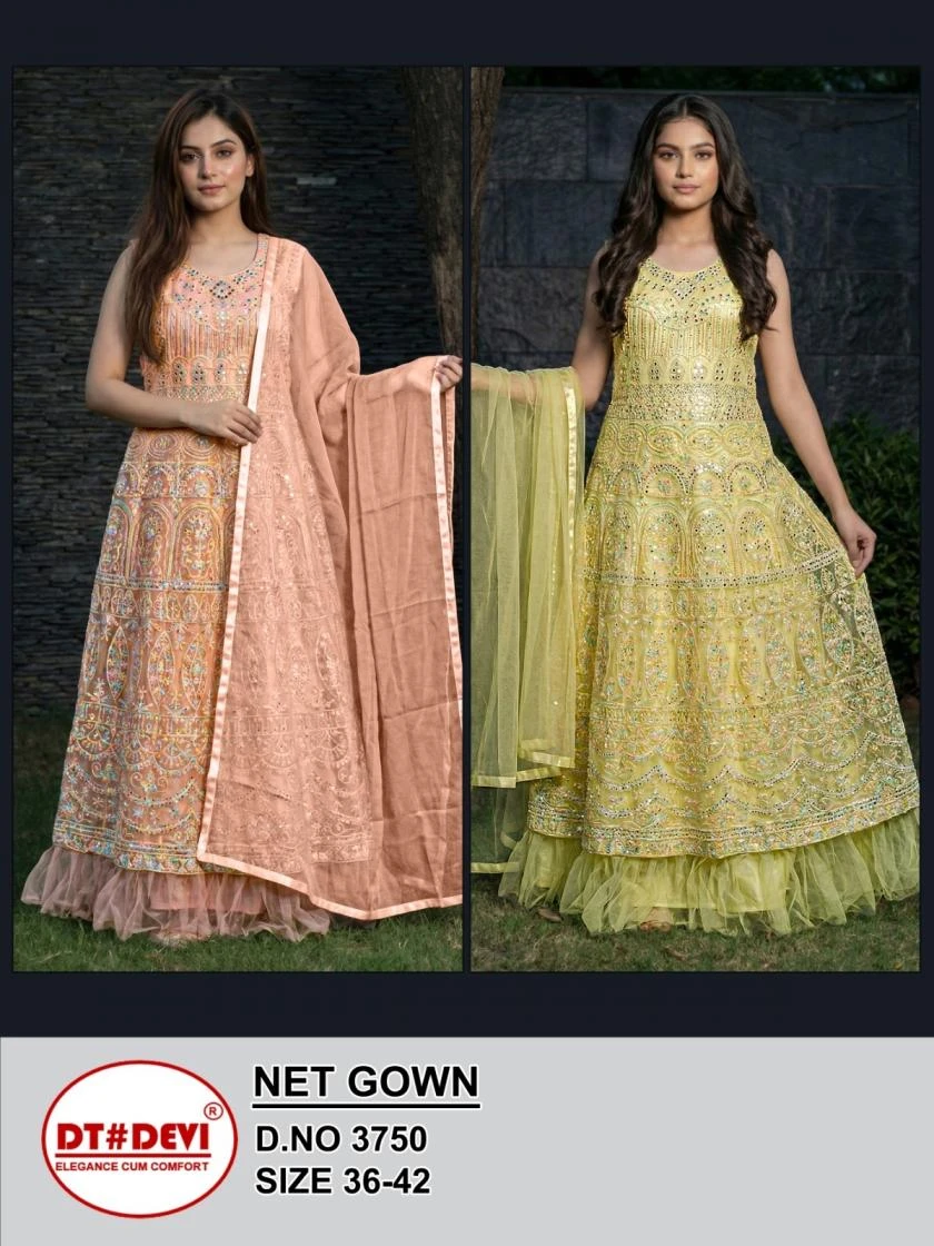 dt devi 3750 net readymade designer combo set gown with dupatta