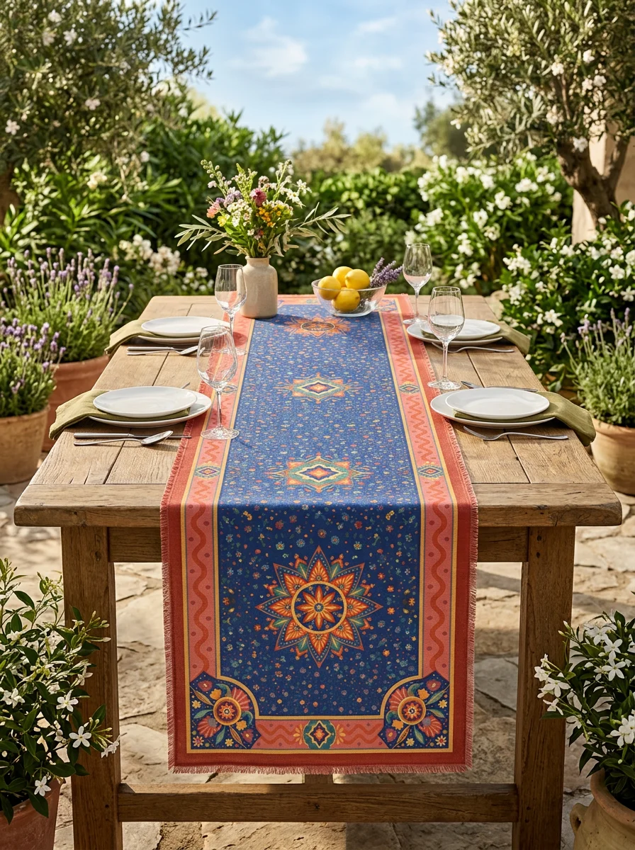Bohem Mandala Desenli Dekoratif Masa Runnerı 40x180 cm