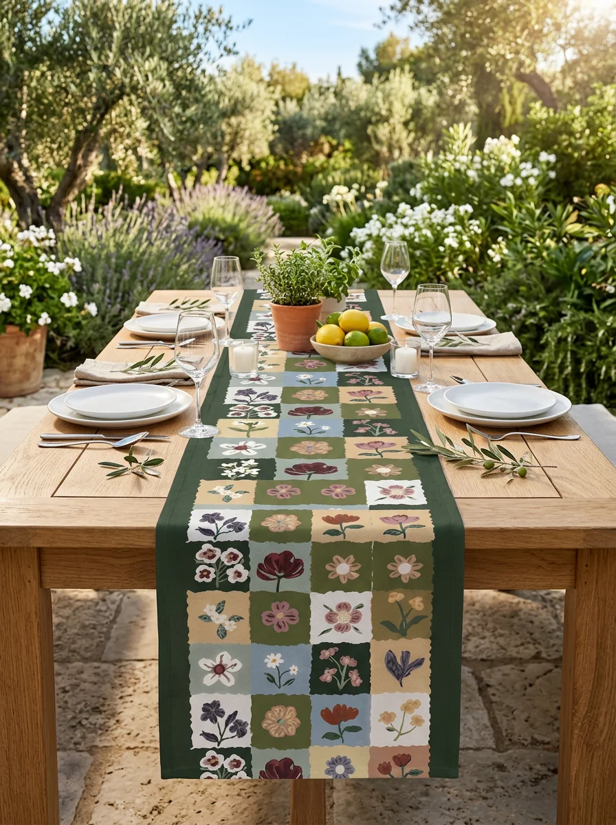 Patchwork Çiçek Desenli Masa Runnerı 40x180 cm