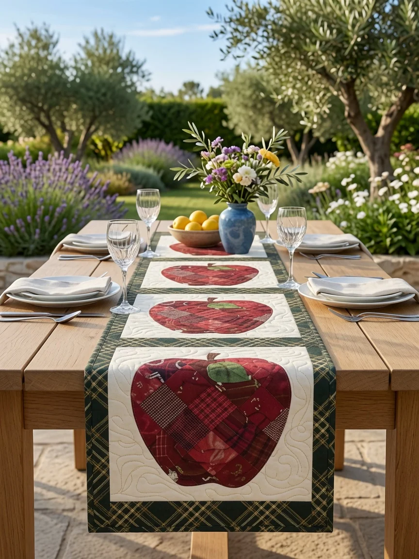 Patchwork Elma Desenli Masa Runnerı 40x180 cm