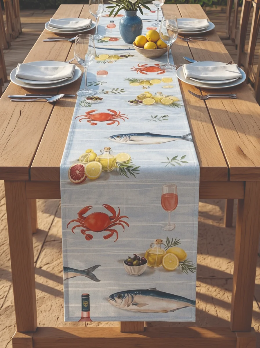 Yengeç ve Balık Desenli Akdeniz Masa Runnerı 40x180 cm