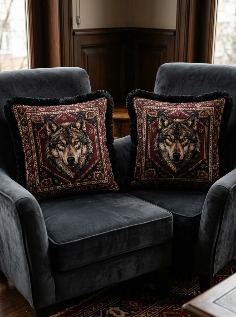 Bozkurt Motifli Saçaklı Kırlent Kılıfı 2’li Set – 43 × 43 cm (İç yastıksız)