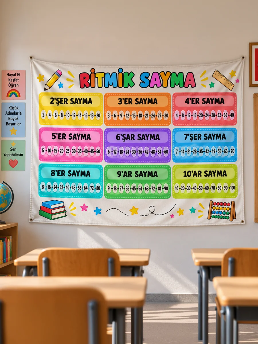 Ritmik Sayma Tablosu Eğitici Sınıf Duvar Örtüsü – 2’şer, 3’er ve 10’ar Sayma 70x110cm