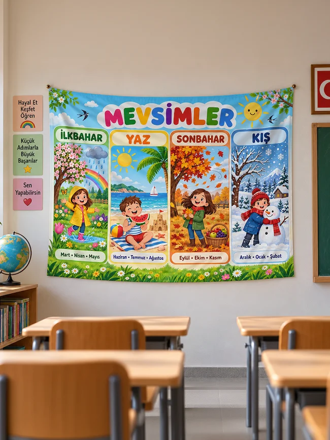 Dört Mevsim Eğitici Sınıf Duvar Örtüsü – İlkbahar Yaz Sonbahar Kış Posteri 70x110cm