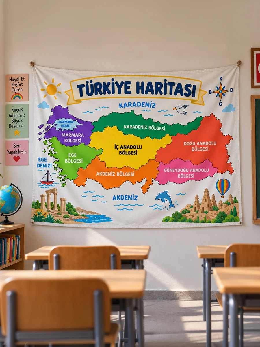 Türkiye Bölgeler Haritası Eğitici Sınıf Duvar Örtüsü – 7 Coğrafi Bölge 70x110cm