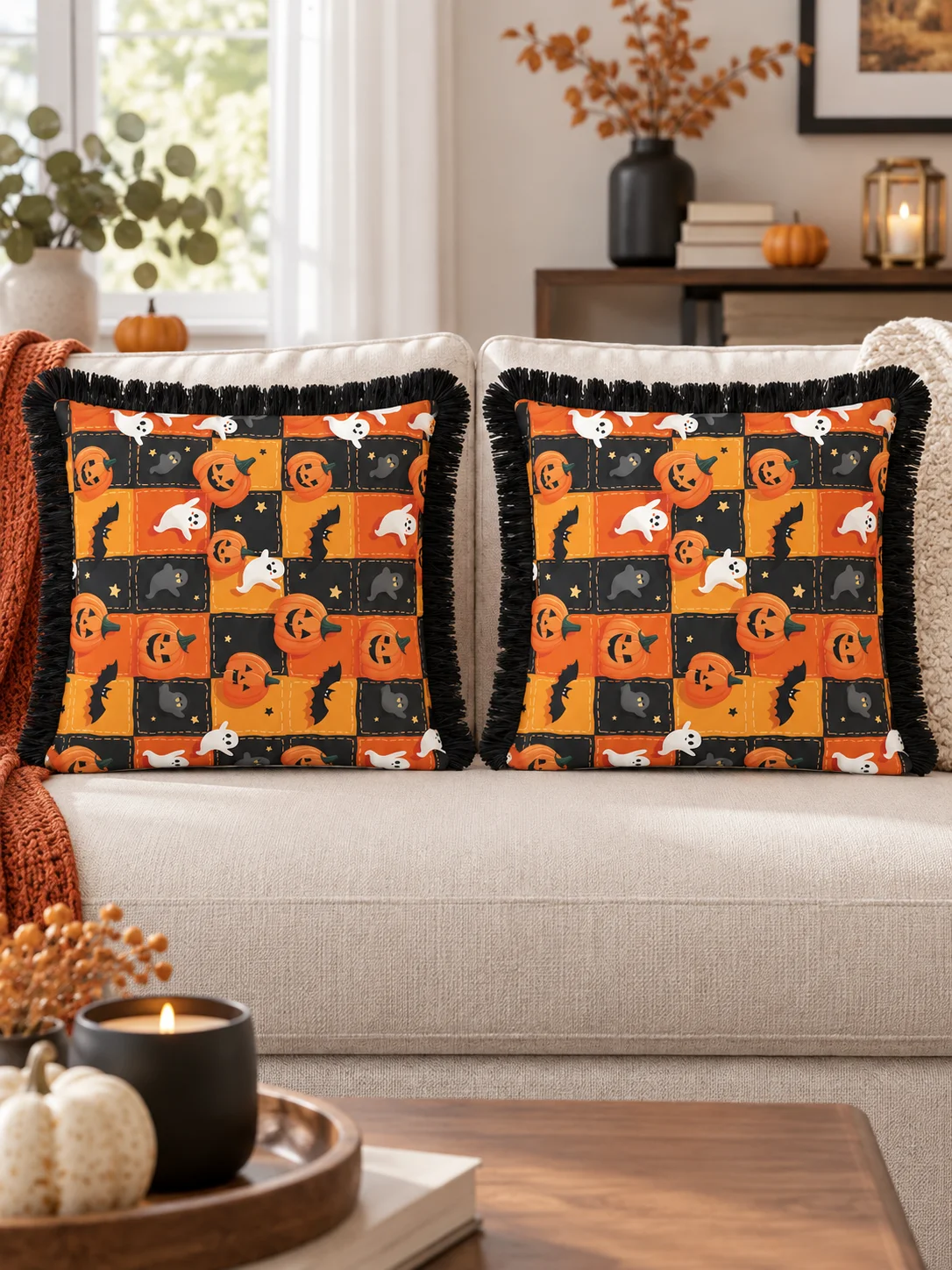 Cadılar Bayramı Halloween Desenli Siyah Saçaklı Kırlent Kılıfı 2’li Set (İç yastıksız)