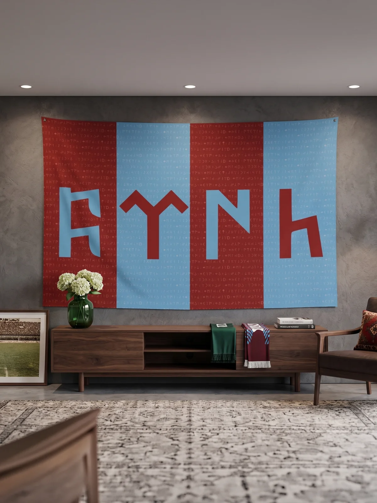 Bordo Mavi Temalı Göktürkçe Türk Duvar Örtüsü | Orhun Yazıtlı