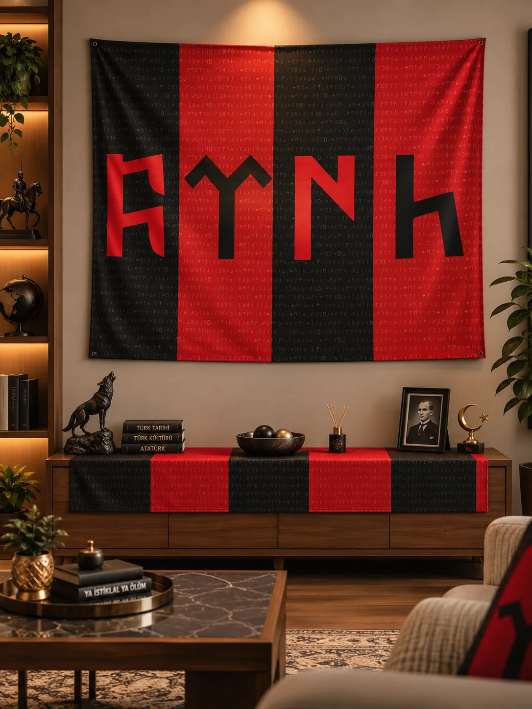 Kırmızı Siyah Temalı Göktürkçe Türk Duvar Örtüsü | Orhun Yazıtlı