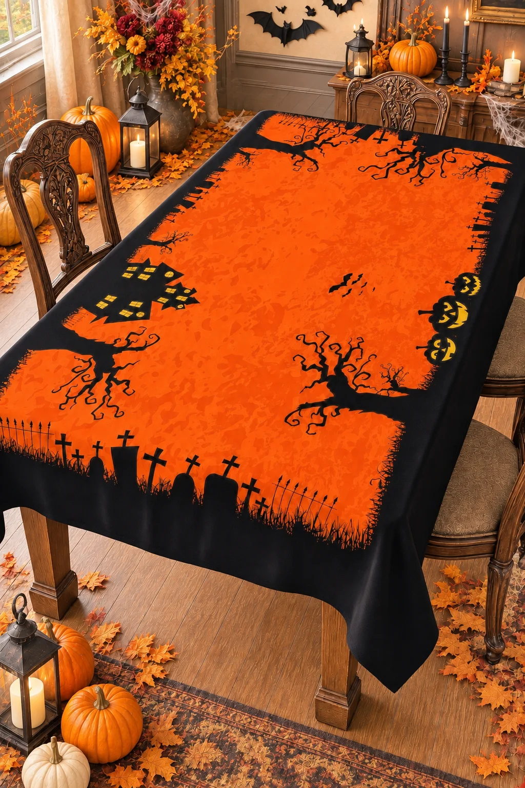 Halloween Temalı Turuncu Masa Örtüsü – 150x220 cm