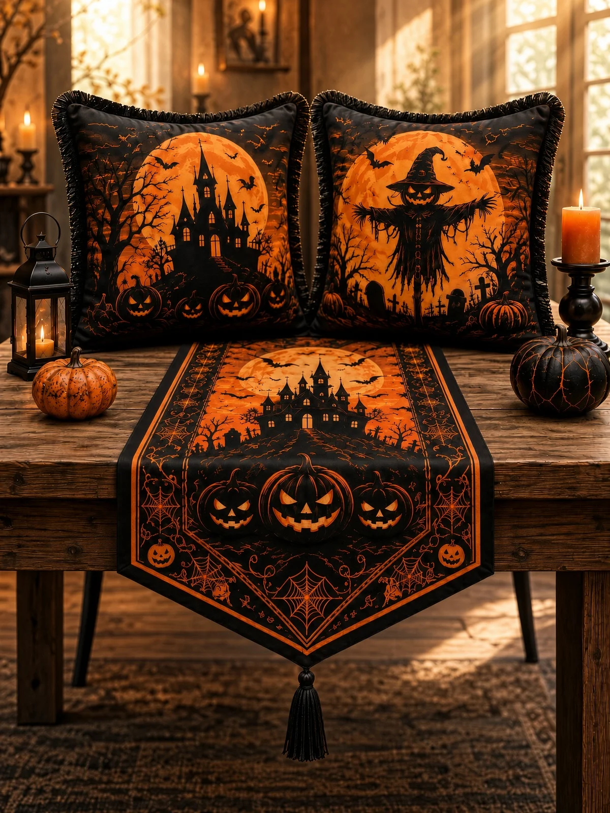 Halloween Büyülü Gece 3’lü Dekoratif Set – 2 Saçaklı Kırlent Kılıfı & Püsküllü Runner 🎃 (İç yastıksız)