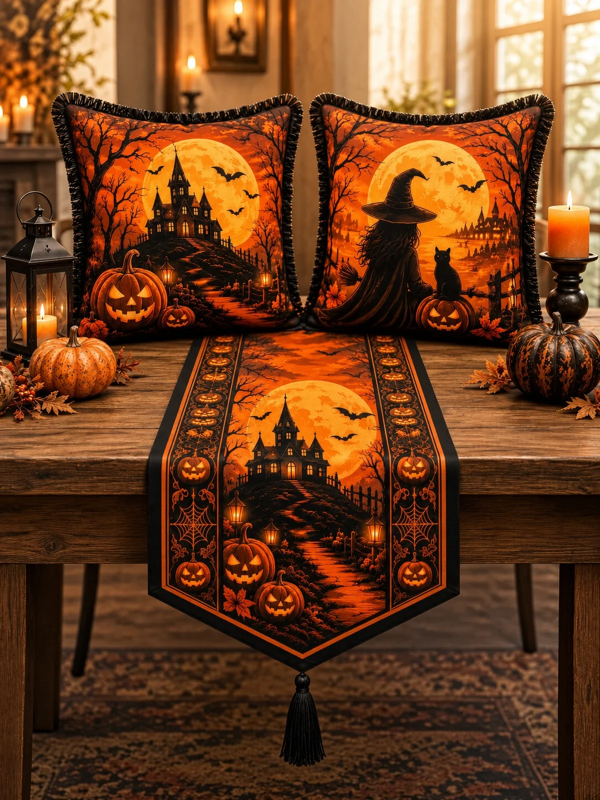 Halloween Özel 3’lü Dekoratif Set – 2 Saçaklı Kırlent Kılıfı & Püsküllü Runner 🎃 (İç yastıksız)