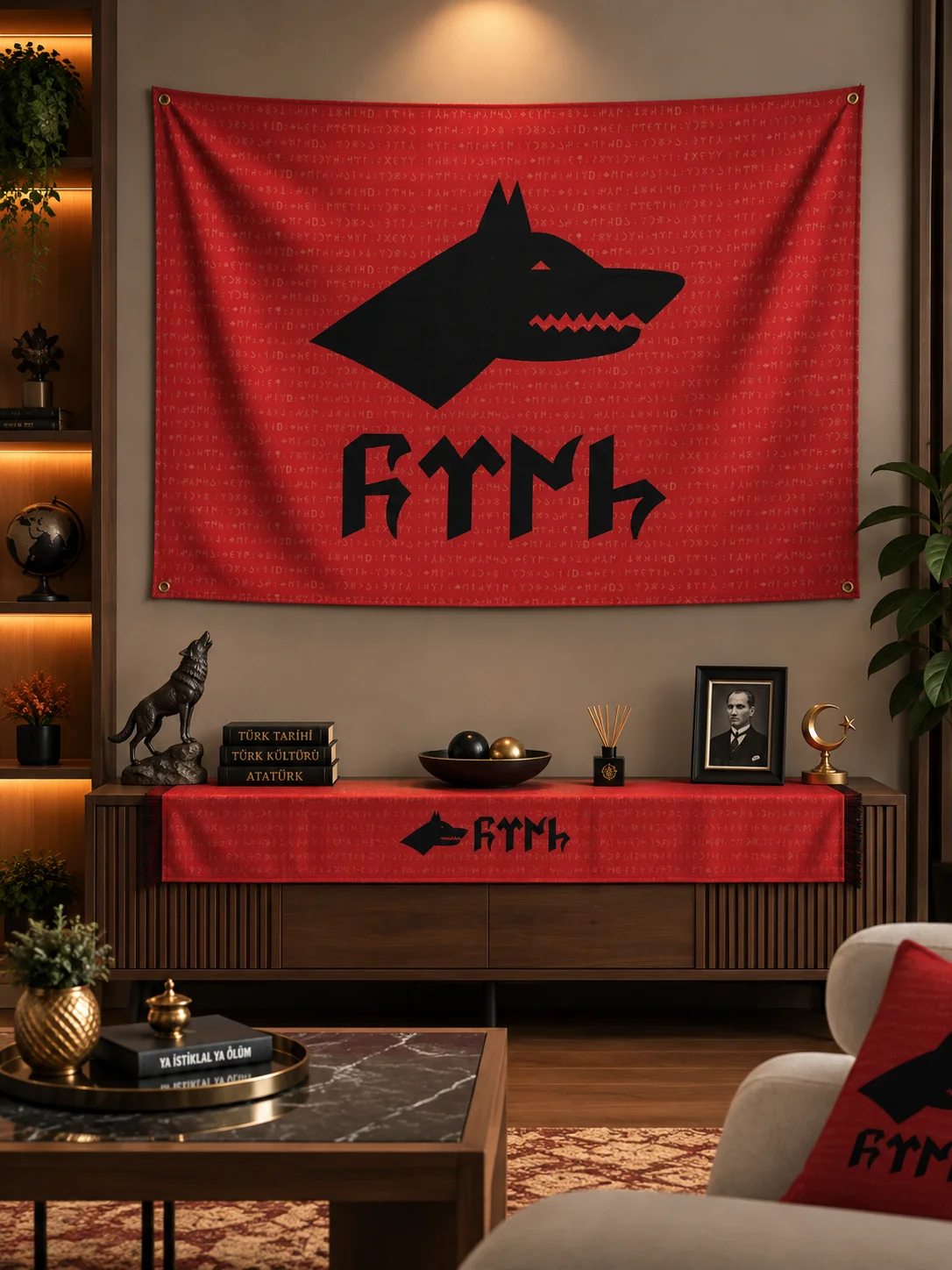 Kırmızı - Siyah Göktürk Bozkurt Duvar Örtüsü