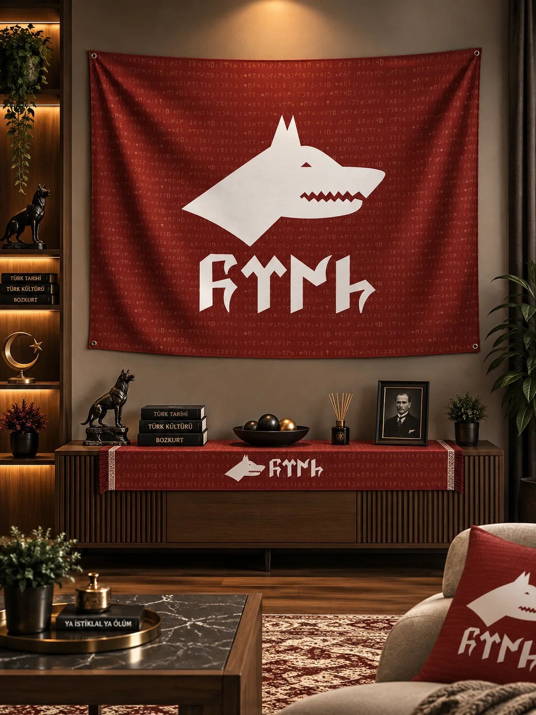 Kırmızı - Beyaz Göktürk Bozkurt Duvar Örtüsü