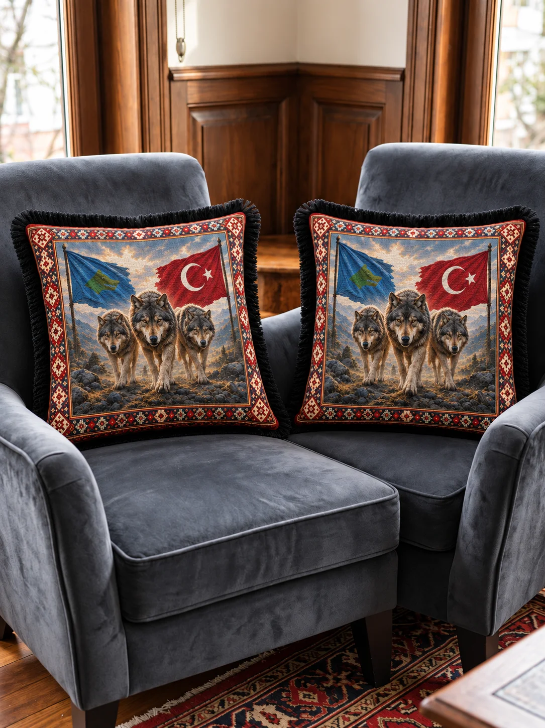 Geçmişten Geleceğe Saçaklı Kırlent Kılıfı 2’li Set – 43 × 43 cm (İç yastıksız)