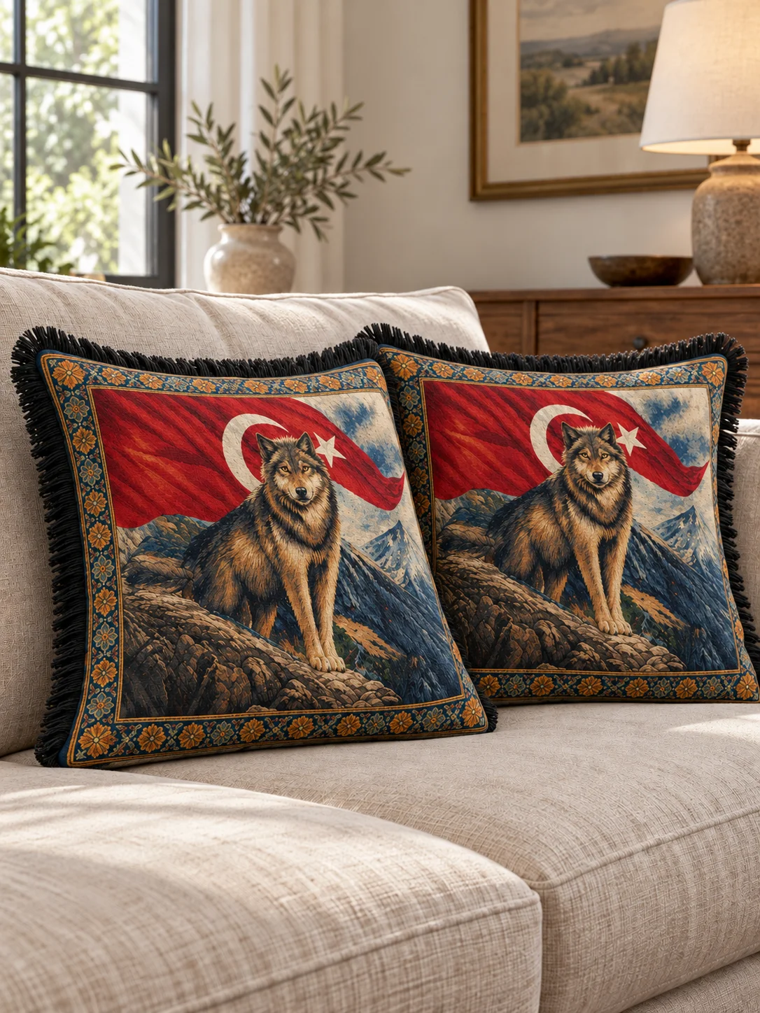 Bozkurtun Nöbeti Saçaklı Kırlent Kılıfı 2’li Set – 43 × 43 cm (İç yastıksız)