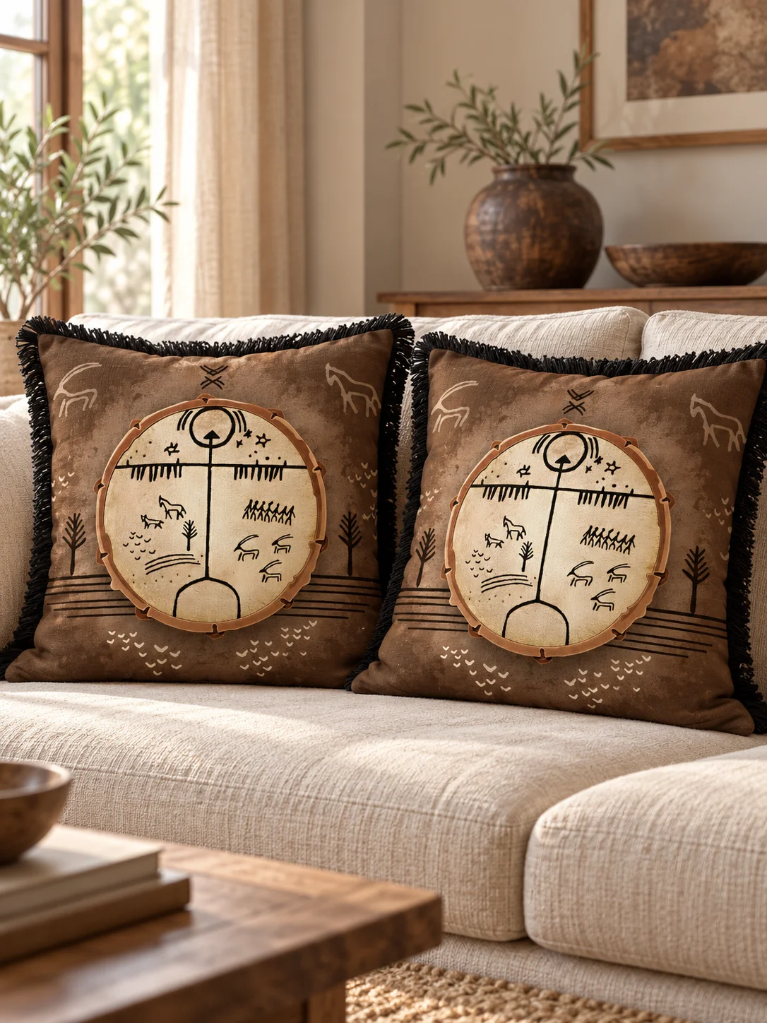 Kam Davulu Saçaklı Kırlent Kılıfı 2’li Set – 43 × 43 cm (İç yastıksız)