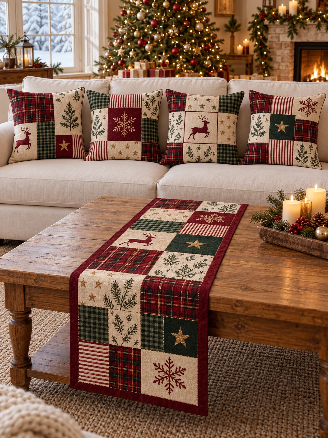 Ekose Patchwork Yılbaşı Kırlent Kılıfı ve Runner Seti
