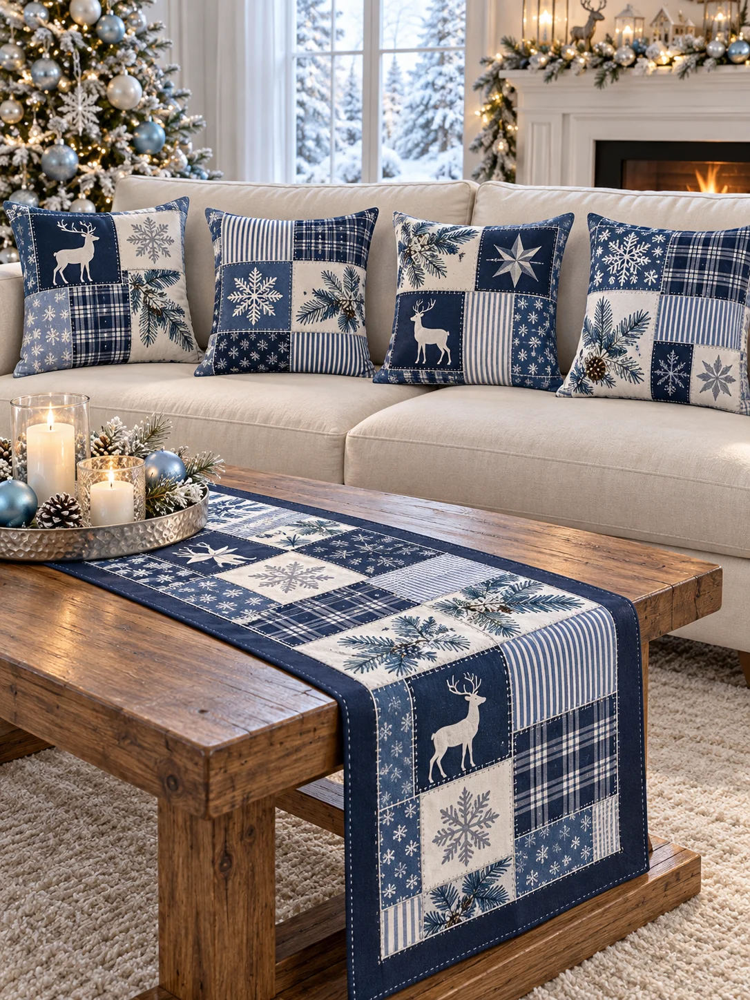 Mavi Kış Patchwork Yılbaşı Kırlent Kılıfı ve Runner Seti