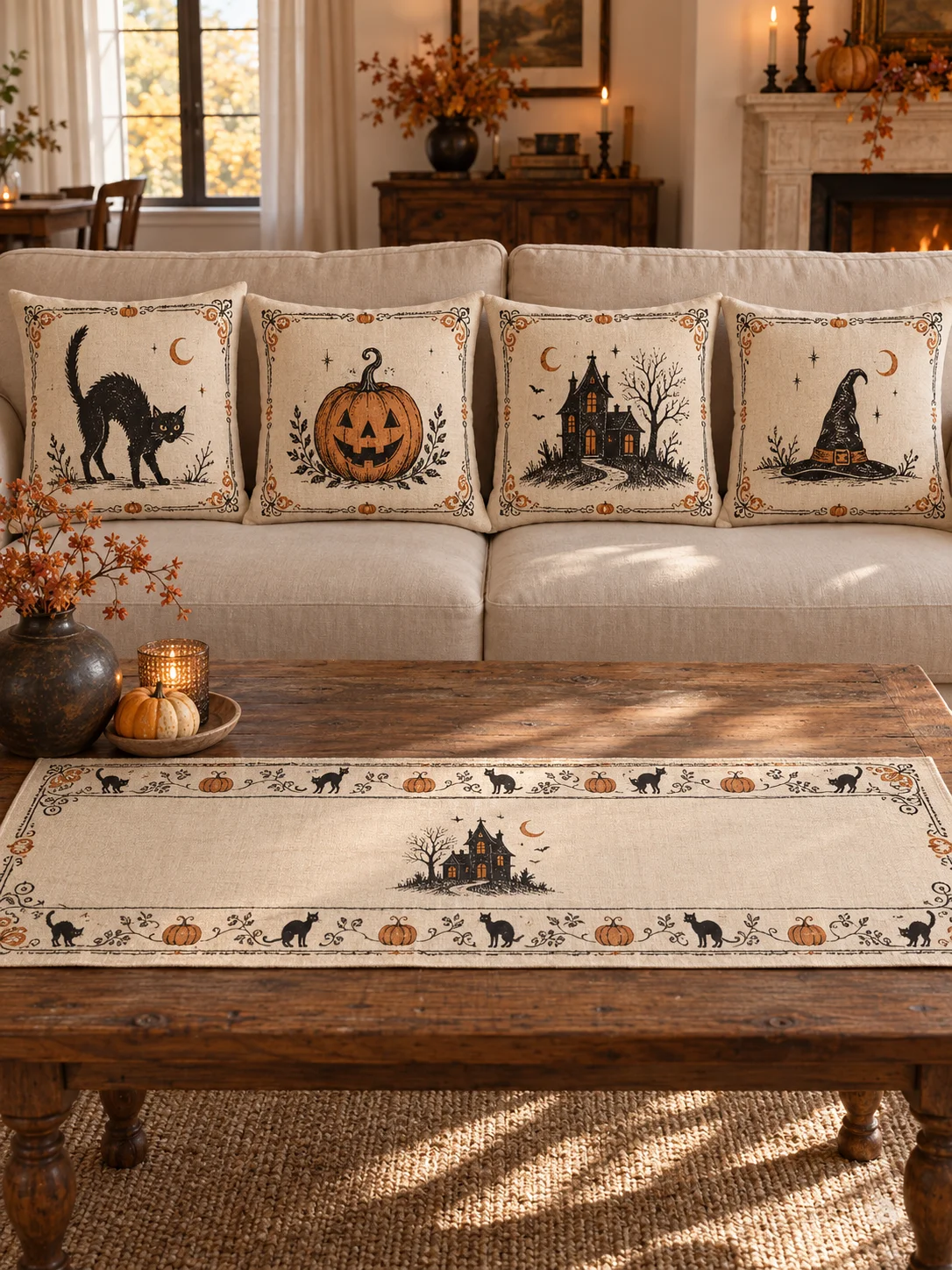 Vintage Halloween 4’lü Kırlent Kılıfı ve Runner Seti