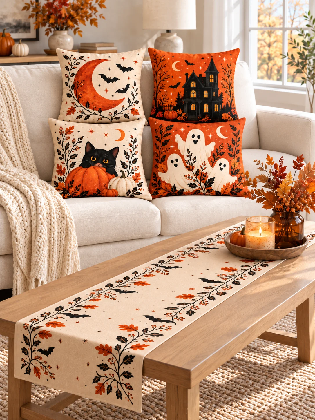 Turuncu Halloween 4’lü Kırlent Kılıfı ve Runner Seti