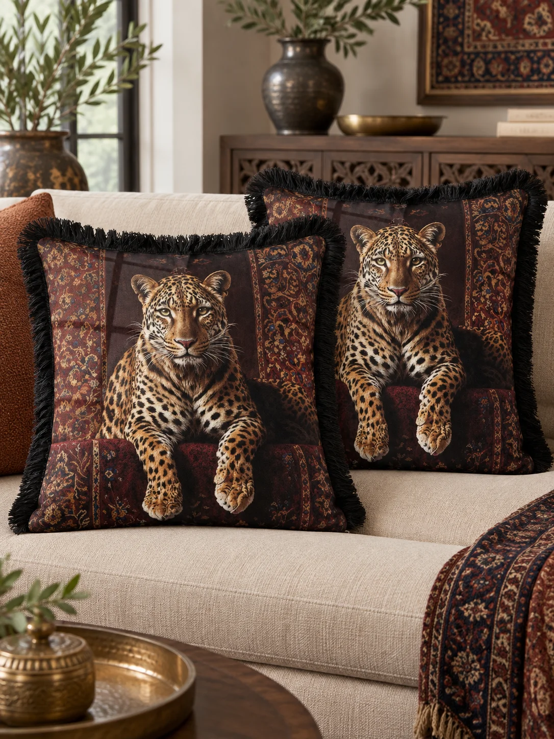 Leopar Desenli Saçaklı Kırlent Kılıfı 2’li Set – 43 × 43 cm (İç yastıksız)