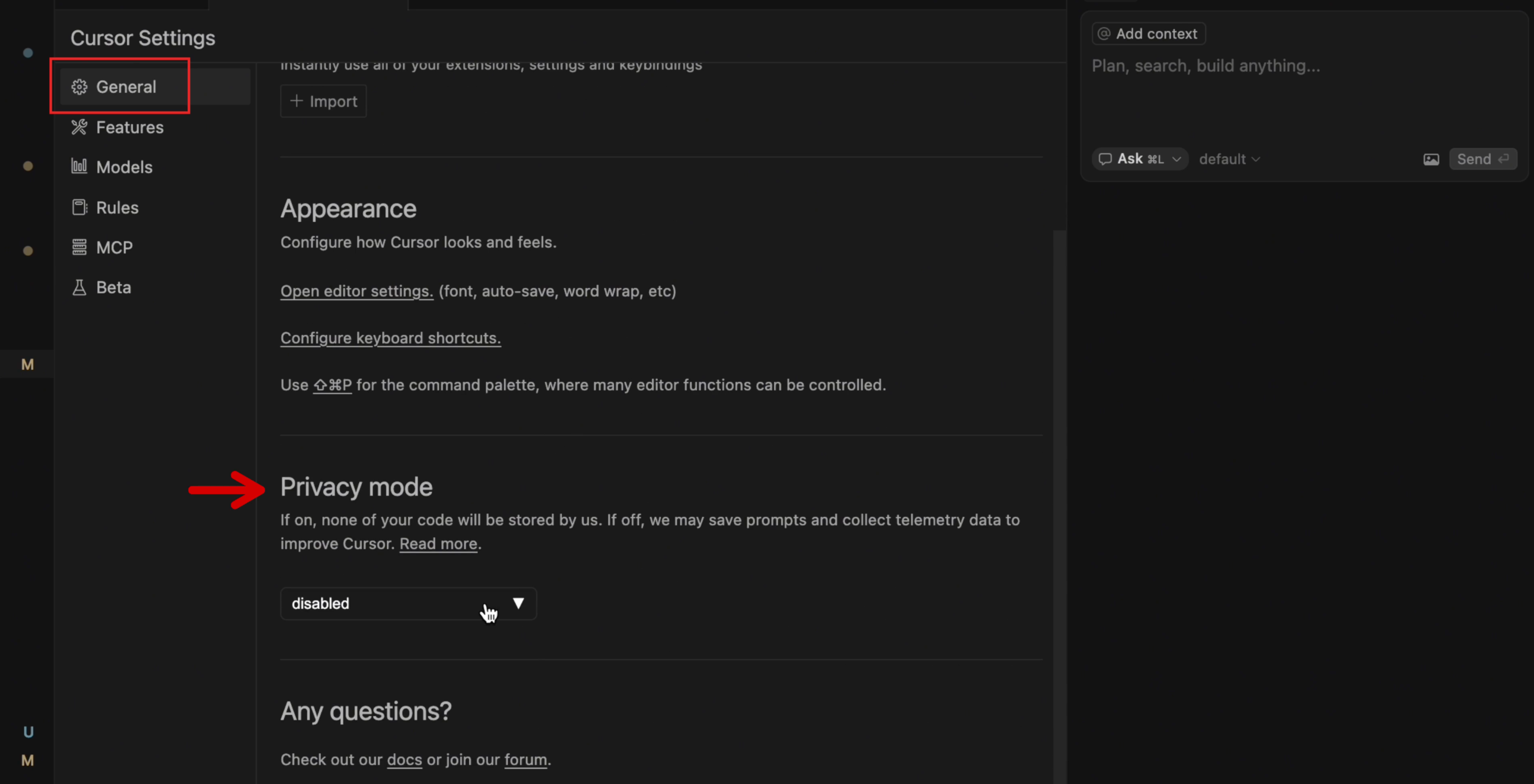 推薦要打開 Privacy Mode，程式碼才不會被拿去訓練