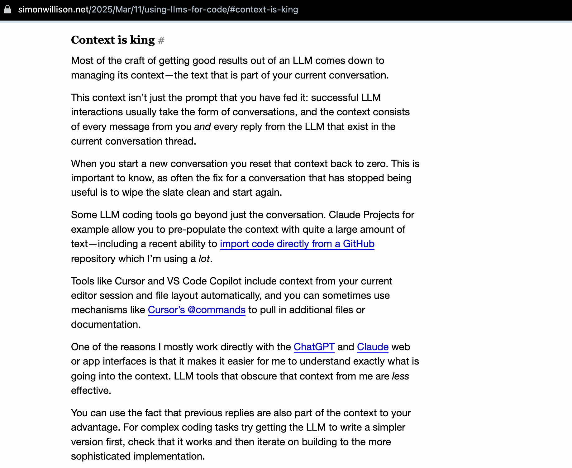 Simon Willison 的文章，特別提到 Context is king