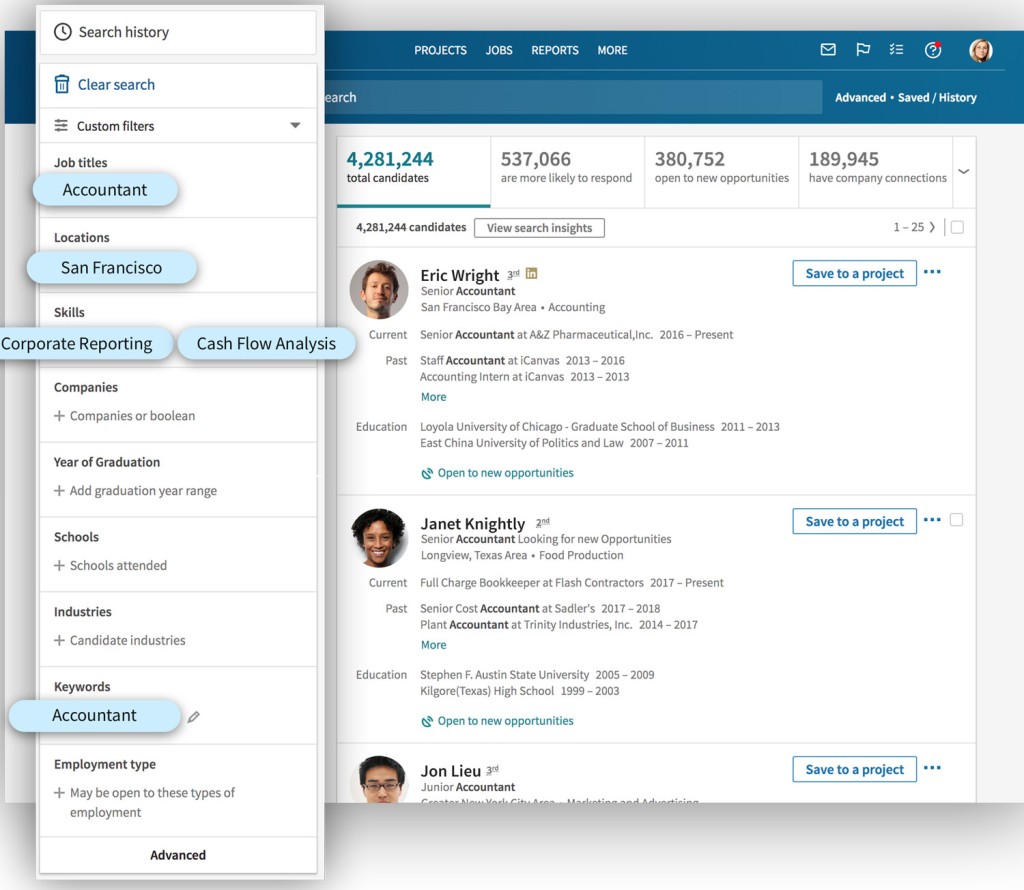 LinkedIn 上候选人的介面示意图