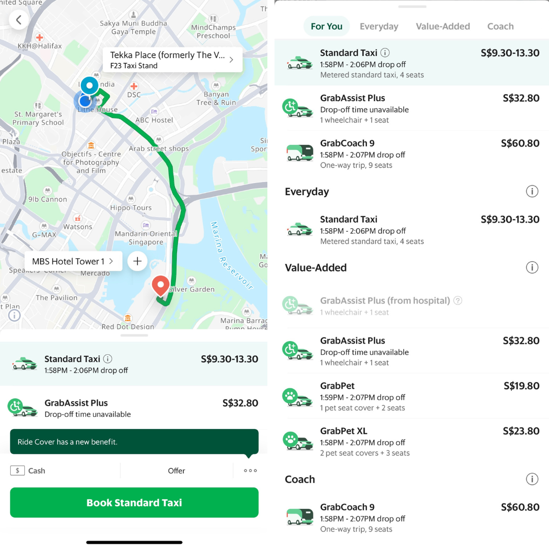 Grab provides a variety of taxi options