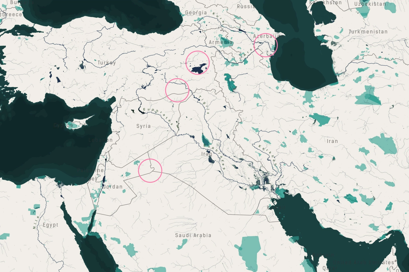 Map showing migration routes of birds across Saudi Arabia, Jordan, Syria, Iraq,  Armenia, Azerbaijan