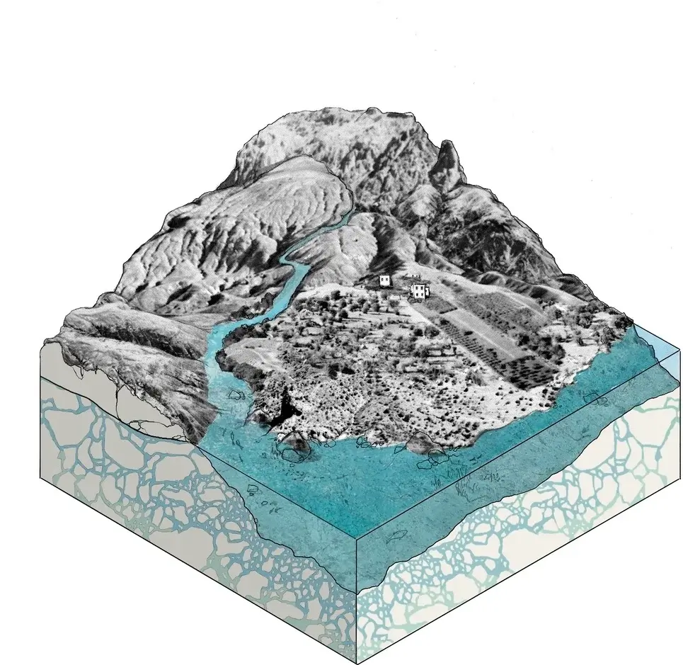 A drawn landscape image depicting Baseline weather pattern