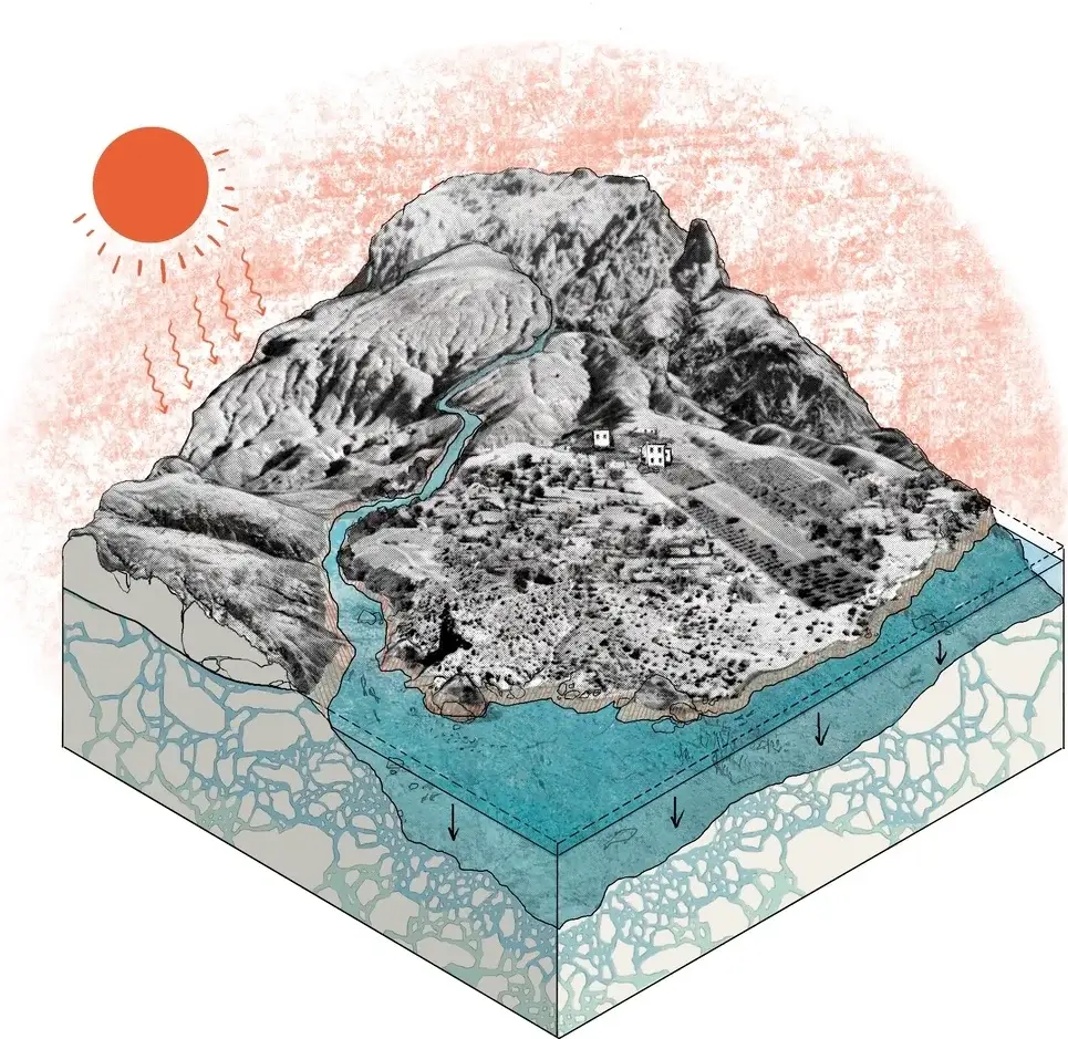A drawn landscape image depicting Baseline weather pattern