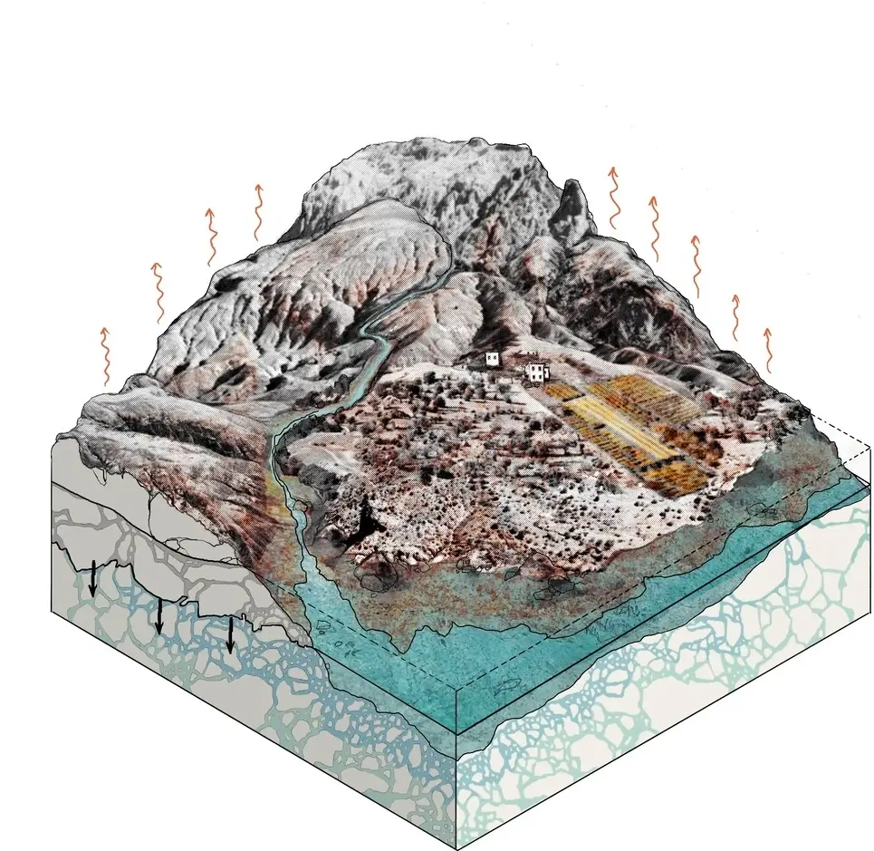 A drawn landscape image depicting Baseline weather pattern