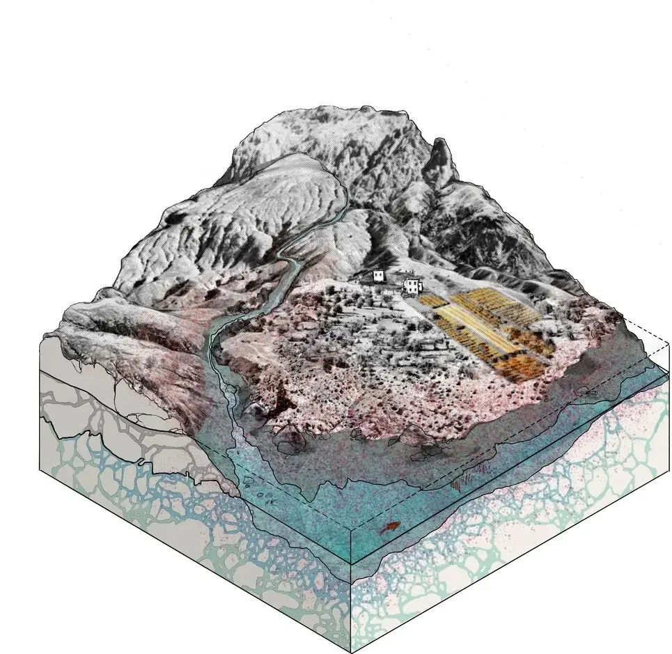 A drawn landscape image depicting Baseline weather pattern