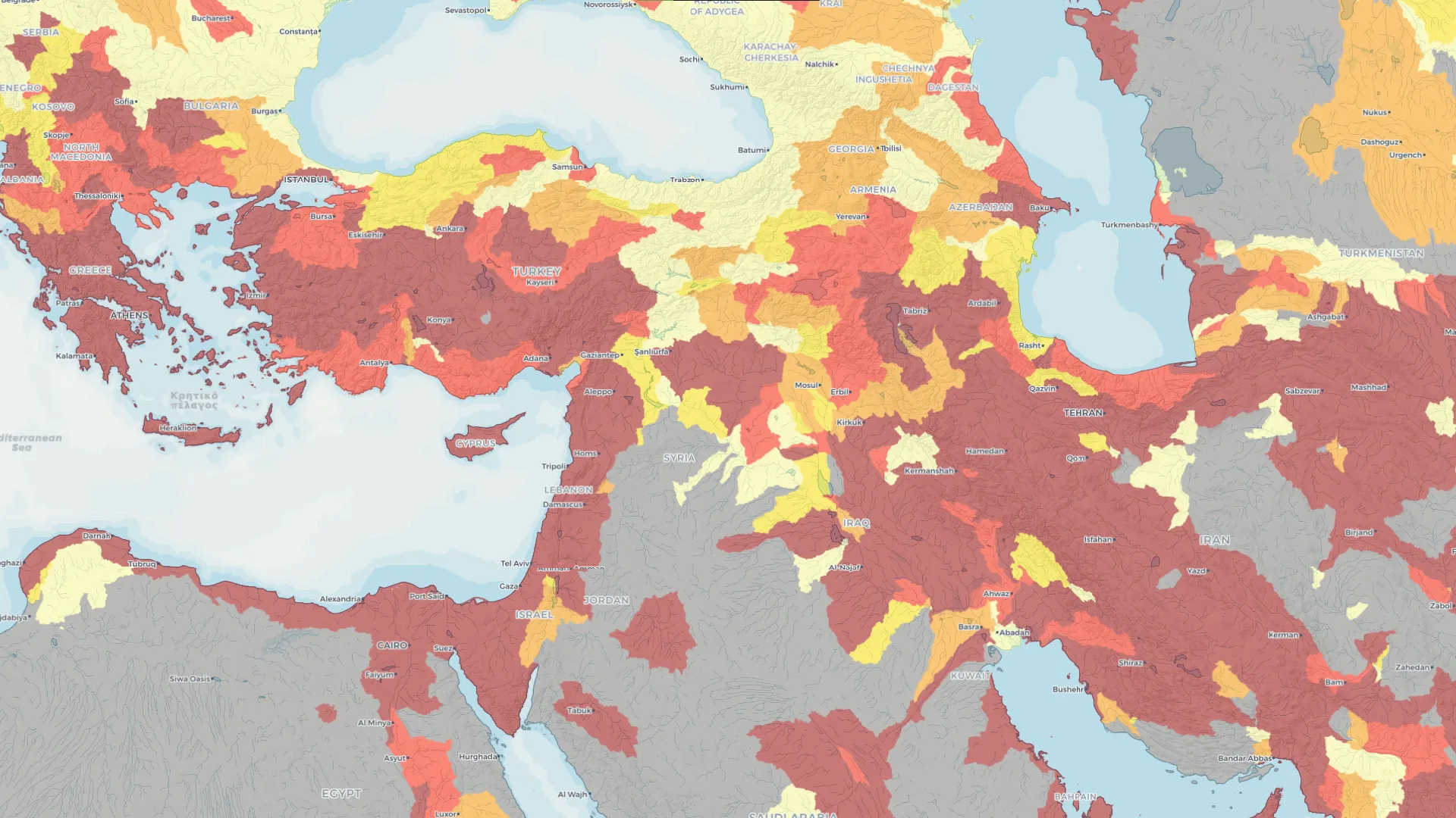 A satelite image showing the water scarcity predictions