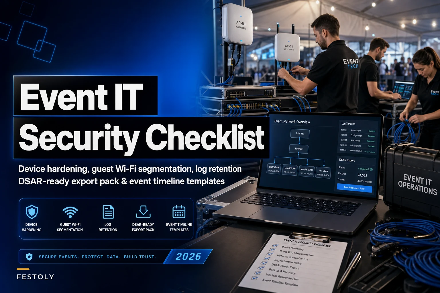Event IT Security Checklist: Device Hardening, Guest WiFi Segmentation, and DSAR-Ready Logs